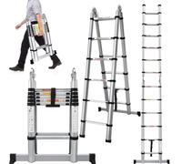 Telescopic A Frame Ladder 3.8M/12.5FT with Stabiliser, Aluminium Extension Folding Step Ladder, Multi Purpose A Frame Ladders Extendable Loft Ladder, Portable Collapsible Outdoor Roof Attic Ladder