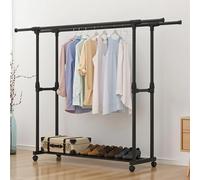 Telescopic Clothes Rail, Extendable clothes Storage Hanging rail up to150cm, Adjustable clothe Rack on 4 Wheels and Shoe Rack, Moveable Clothing Rail for Hanging Clothes