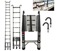 Telescopic Extendable Ladder 4.4 m (14.4FT) Stainless Steel With Detachable Hooks - Portable Collapsible for Attic, Loft, RV, Roof - Max Load 330Lbs