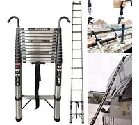 Telescopic Extension Ladder 5 Metre - Stainless Steel Extendable Folding Roof Loft Ladder With Detachable Hooks, Height Adjustment, 12 Step, 330lb Capacity