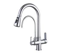 Telescopic Faucet,Modern Kitchen Faucet with Drinking Water Faucet, High Arc Pull Down 3-Ways Kitchen Sink Faucet, Solid Brass Dual Handle Cold and Hot Mixer Tap Filter P (Chrome)
