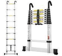 Telescopic Ladder 2.6M / 8.5FT Aluminium Extension Loft Ladder with Stabilizer Bar & Detachable Hooks, Multi Purpose Extendable Portable Ladders, 9 Steps, Black, Aluminium