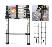 Telescopic Ladder 2.6m/8.5FT,Stainless Steel Lightweight Extension Ladder with Automatic Locking,Non-Slip Feet,Load 150kg/330lb,Multi-Purpose Collapsible Ladder for Household and Outdoor Working