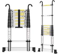 Telescopic Ladder 3.7 m, Aluminium Ladder Extendable with Hook Out, Adjustable Steps, for Attics, Gutter Cleaning, Window Cleaning, Storage Organisation, etc.