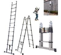 Telescopic Ladder 3.8M/ 12.5 Feet 150kg Capacity Stainless steel A-Frame Ladders with Stabilizer Bar Portable Compact Save Space for Home DIY Builder Supply Roof Work Decoration (1.9+1.9m)