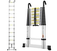 Telescopic Ladder 3.8M/12.5FT Aluminium Extension Loft Ladder with Stabilizer Bar and Detachable Hooks, Multi Purpose Extendable Portable Ladders, 13 Steps