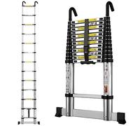 Telescopic Ladder 3.8M/12.5FT Aluminium Extension Loft Ladder with Stabilizer Bar and Detachable Hooks, Multi Purpose Extendable Portable Folding Ladders, 13 Steps, EN131