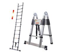 Telescopic Ladder 3.8M Attic Ladders Stainless Steel Folding Ladder with stabiliser Bar Load 330LBS, Muilti-Purpose Foldable & Extendable Ladder with EN 131 Certification