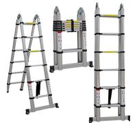 Telescopic Ladder 3.8m Multi Purpose with Stabiliser, 183cm+183cm, A Frame or Straight, Multi Purpose Combination Step Ladder, Extension Ladder EN131 Standards