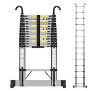 Telescopic Ladder 4.1m, Extendable Ladder Stainless Steel with Hooks and stabiliser, Height Adjustment, Convenience for Home, Attic Access, etc.