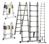 Telescopic Ladder 4.4m Multi Purpose with Stabiliser, 2.1m + 2.1m, A Frame or Straight, Multi Purpose Combination Step Ladder, Extension Ladder EN131 Standards