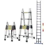 Telescopic Ladder 5M with Stabiliser, Multi-Purpose Foldable Step, 2.5M+2.5M Stainless Steel A-Frame Extendable Loft Ladder Adjustable Step with EN13