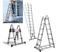 Telescopic Ladder, Extension Portable Loft Stainless Steel 1.9M+1.9M A Frame Foldable Collapsible Extendable Ladder, Max Load 150kg/330lbs, Maximum Height 12.5FT/ 3.8M
