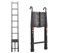 Telescopic Ladder Multi-Purpose Ladder with Roof Hooks, 5M Aluminum Extendable Folding Attic Ladder, 330lbs Max Load Capacity, Weight 28.4lbs Portable DIY Ladder, Easy to Store or Transport