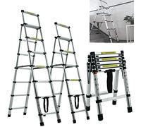 Telescopic Ladder, Portable 5+6 Step Aluminium Extension Ladder, A-Frame Multi-Purpose Anti-Slip Extendable Loft Ladder Folding Ladder Lightweight Collapsible Ladder, Max Load 150kg, EN131 (1.7m+2m)