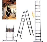Telescopic Ladder with Stabiliser Bar, 3.8M/12.5FT Extension Ladder 1.9+1.9M A-Frame Multi-Purpose Collapsible Ladder, Anti-Slip Loft Ladder Portable Folding Ladder Extendable 12 Steps, Max Load 150kg