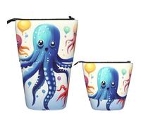 Telescopic Pencil Bag Pen Holder Pop Up Standing Pencil Case Colorful Squid Octopus Cute Pencil Pouch Bag Stand Up Pen Bag Makeup Cosmetics Bag for Adult Office Supplies