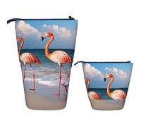 Telescopic Pencil Bag Pen Holder Pop Up Standing Pencil Case Flamingo Walking on The Beach Cute Pencil Pouch Bag Stand Up Pen Bag Makeup Cosmetics Bag for Adult Office Supplies