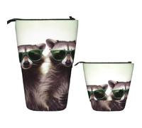 Telescopic Pencil Bag Pen Holder Pop Up Standing Pencil Case Funny Raccoon Green Sunglasses Cute Pencil Pouch Bag Stand Up Pen Bag Makeup Cosmetics Bag for Adult Office Supplies
