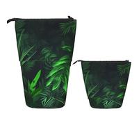 Telescopic Pencil Bag Pen Holder Pop Up Standing Pencil Case Green Tropical Jungle Plant Cute Pencil Pouch Bag Stand Up Pen Bag Makeup Cosmetics Bag for Adult Office Supplies