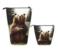 Telescopic Pencil Bag Pen Holder Pop Up Standing Pencil Case Hi Bear Sit on the lawn Cute Pencil Pouch Bag Stand Up Pen Bag Makeup Cosmetics Bag for Adult Office Supplies