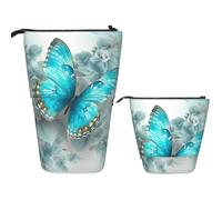 Telescopic Pencil Bag Pen Holder Pop Up Standing Pencil Case Light Blue Butterfly Cute Pencil Pouch Bag Stand Up Pen Bag Makeup Cosmetics Bag for Adult Office Supplies