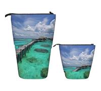 Telescopic Pencil Bag Pen Holder Pop Up Standing Pencil Case Maldives Scenery Cute Pencil Pouch Bag Stand Up Pen Bag Makeup Cosmetics Bag for Adult Office Supplies