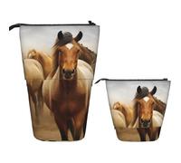 Telescopic Pencil Bag Pen Holder Pop Up Standing Pencil Case Many Horses Cute Pencil Pouch Bag Stand Up Pen Bag Makeup Cosmetics Bag for Adult Office Supplies
