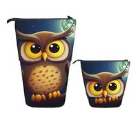 Telescopic Pencil Bag Pen Holder Pop Up Standing Pencil Case Owl and Yellow Moon Cute Pencil Pouch Bag Stand Up Pen Bag Makeup Cosmetics Bag for Adult Office Supplies
