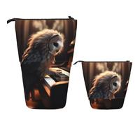 Telescopic Pencil Bag Pen Holder Pop Up Standing Pencil Case Owl Plays Piano Cute Pencil Pouch Bag Stand Up Pen Bag Makeup Cosmetics Bag for Adult Office Supplies