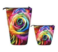 Telescopic Pencil Bag Pen Holder Pop Up Standing Pencil Case Rainbow Rose Cute Pencil Pouch Bag Stand Up Pen Bag Makeup Cosmetics Bag for Adult Office Supplies