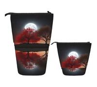 Telescopic Pencil Bag Pen Holder Pop Up Standing Pencil Case Red Tree Lake Moon Cute Pencil Pouch Bag Stand Up Pen Bag Makeup Cosmetics Bag for Adult Office Supplies