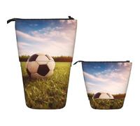 Telescopic Pencil Bag Pen Holder Pop Up Standing Pencil Case Soccer Ball on A Field Cute Pencil Pouch Bag Stand Up Pen Bag Makeup Cosmetics Bag for Adult Office Supplies
