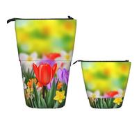 Telescopic Pencil Bag Pen Holder Pop Up Standing Pencil Case Spring Flowers Cute Pencil Pouch Bag Stand Up Pen Bag Makeup Cosmetics Bag for Adult Office Supplies