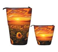 Telescopic Pencil Bag Pen Holder Pop Up Standing Pencil Case Sunflower Field Sunset Sea of Flowers Cute Pencil Pouch Bag Stand Up Pen Bag Makeup Cosmetics Bag for Adult Office Supplies