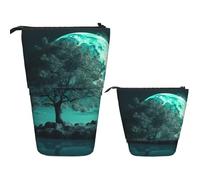 Telescopic Pencil Bag Pen Holder Pop Up Standing Pencil Case Teal Tree in Moonlight Cute Pencil Pouch Bag Stand Up Pen Bag Makeup Cosmetics Bag for Adult Office Supplies