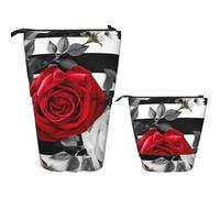 Telescopic Pencil Bag Pen Holder Pop Up Stationery Case Black White Stripes Red Rose Flowers Standing Pencil Case Cute Pencil Pouch Bag Stand Up Pen Bag Makeup Cosmetics Bag for Adult Office Supplies