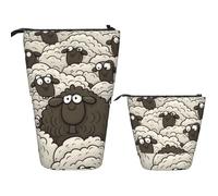 Telescopic Pencil Bag Pen Holder Pop Up Stationery Case Cartoon Black White Sheep Standing Pencil Case Cute Pencil Pouch Bag Stand Up Pen Bag Makeup Cosmetics Bag for Adult Office Supplies