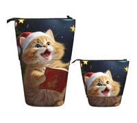Telescopic Pencil Bag Pen Holder Pop Up Stationery Case Cute Cat Sing Christmas Carols Standing Pencil Case Cute Pencil Pouch Bag Stand Up Pen Bag Makeup Cosmetics Bag for Adult Office Supplies