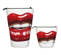 Telescopic Pencil Bag Pen Holder Pop Up Stationery Case Cute Graphic Red Lips Standing Pencil Case Cute Pencil Pouch Bag Stand Up Pen Bag Makeup Cosmetics Bag for Adult Office Supplies