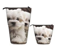 Telescopic Pencil Bag Pen Holder Pop Up Stationery Case Cute Maltese Puppy Standing Pencil Case Cute Pencil Pouch Bag Stand Up Pen Bag Makeup Cosmetics Bag for Adult Office Supplies