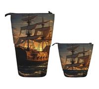 Telescopic Pencil Bag Pen Holder Pop Up Stationery Case Fantasy pirate ship Standing Pencil Case Cute Pencil Pouch Bag Stand Up Pen Bag Makeup Cosmetics Bag for Adult Office Supplies