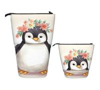 Telescopic Pencil Bag Pen Holder Pop Up Stationery Case Penguin Wearing Flowers Standing Pencil Case Cute Pencil Pouch Bag Stand Up Pen Bag Makeup Cosmetics Bag for Adult Office Supplies