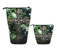 Telescopic Pencil Case Black cross among green flowers Standing Pen Holder Pop Up Pencil Pouch Cute Stand up Cosmetics Bag Travel Makeup Bag Portable Toiletry Bag for Women Men Office Supplies
