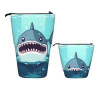 Telescopic Pencil Case Cartoon shark floating in water Standing Pen Holder Pop Up Pencil Pouch Cute Stand up Cosmetics Bag Travel Makeup Bag Portable Toiletry Bag for Women Men Office Supplies