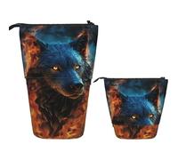 Telescopic Pencil Case Pop Up Pencil Bag Cute Telescopic Pen Holder Wolf Head in Blue Flames Standing Pencil Pouch