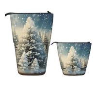 Telescopic Pencil Case Snow Wonderland Pine Tree Christmas Standing Pen Holder Pop Up Pencil Pouch Cute Stand up Cosmetics Bag Travel Makeup Bag Portable Toiletry Bag for Women Men Office Supplies