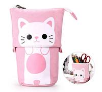 Telescopic Pencil Pouch Standing Pen Holder Cute Pencil Bags Stand Up Pen Case Cartoon Pencil/Pens Storage Box Canvas+PU Stationery Organizer Makeup Bag with Zipper Closure (Pink)