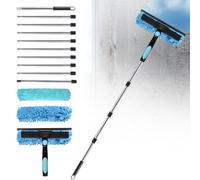 Telescopic Window Cleaner 3.7 m 4.5 m 2-in-1 Window Wiper Set with Silicone Squeegee & Microfibre Cloth (Blue, Window Squeegee + Microfibre Cleaning Pad, Adjustable, 4.5 m)