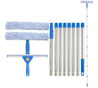 Telescopic Window Cleaning Kit 3.2M, 8-Section Stainless Steel Extension Pole with Squeegee + 2Pcs Microfiber Washer Heads, Professional Glass Cleaner Tools for Indoor Outdoor Windows, Blue